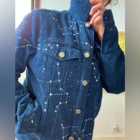 Hand painted silver Astrological Constellation Map on Denim Jean & Sherpa Jacket - Picture 3 of 9